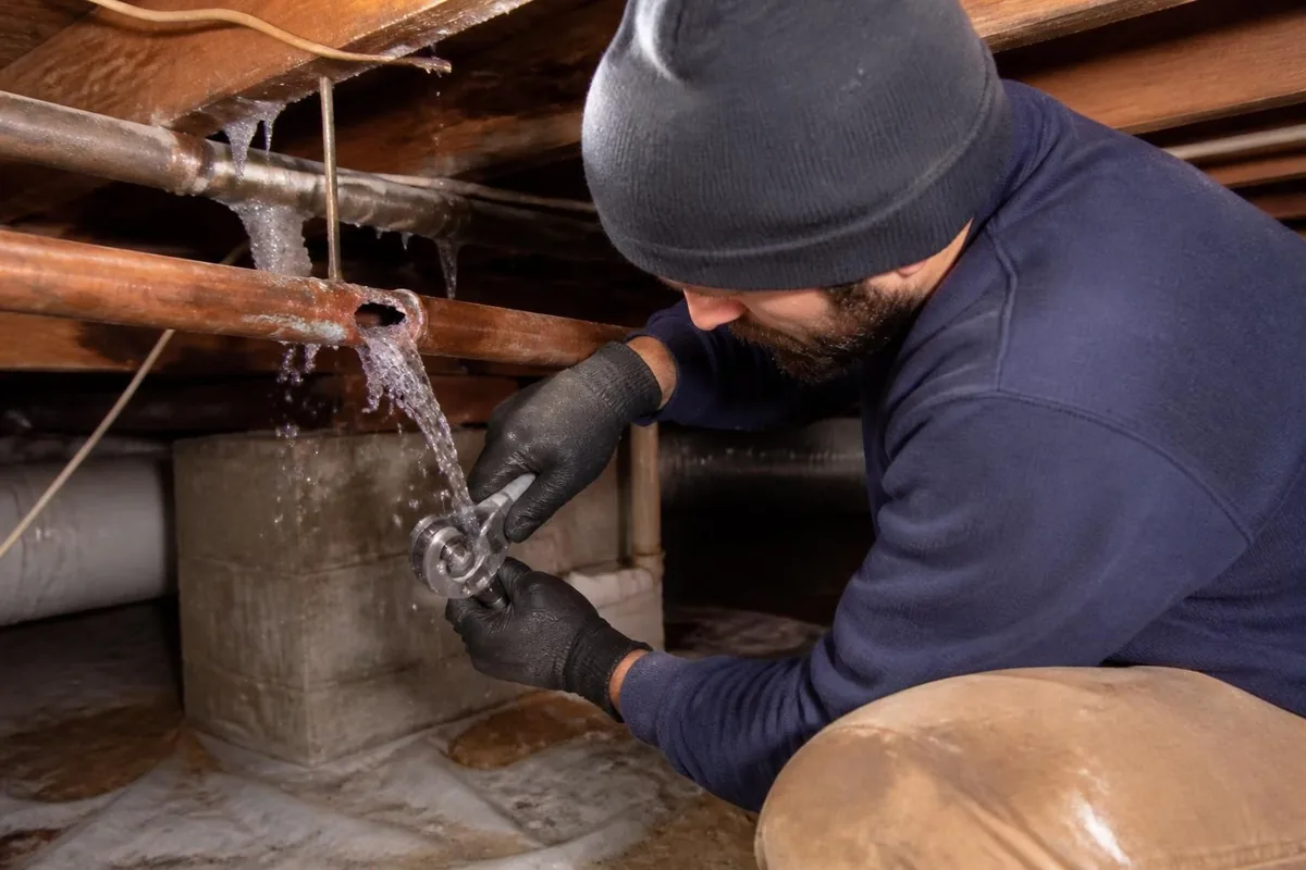 Plumber cutting out a split copper pipe in a crawlspace, burst pipe repair in Atlanta, GA