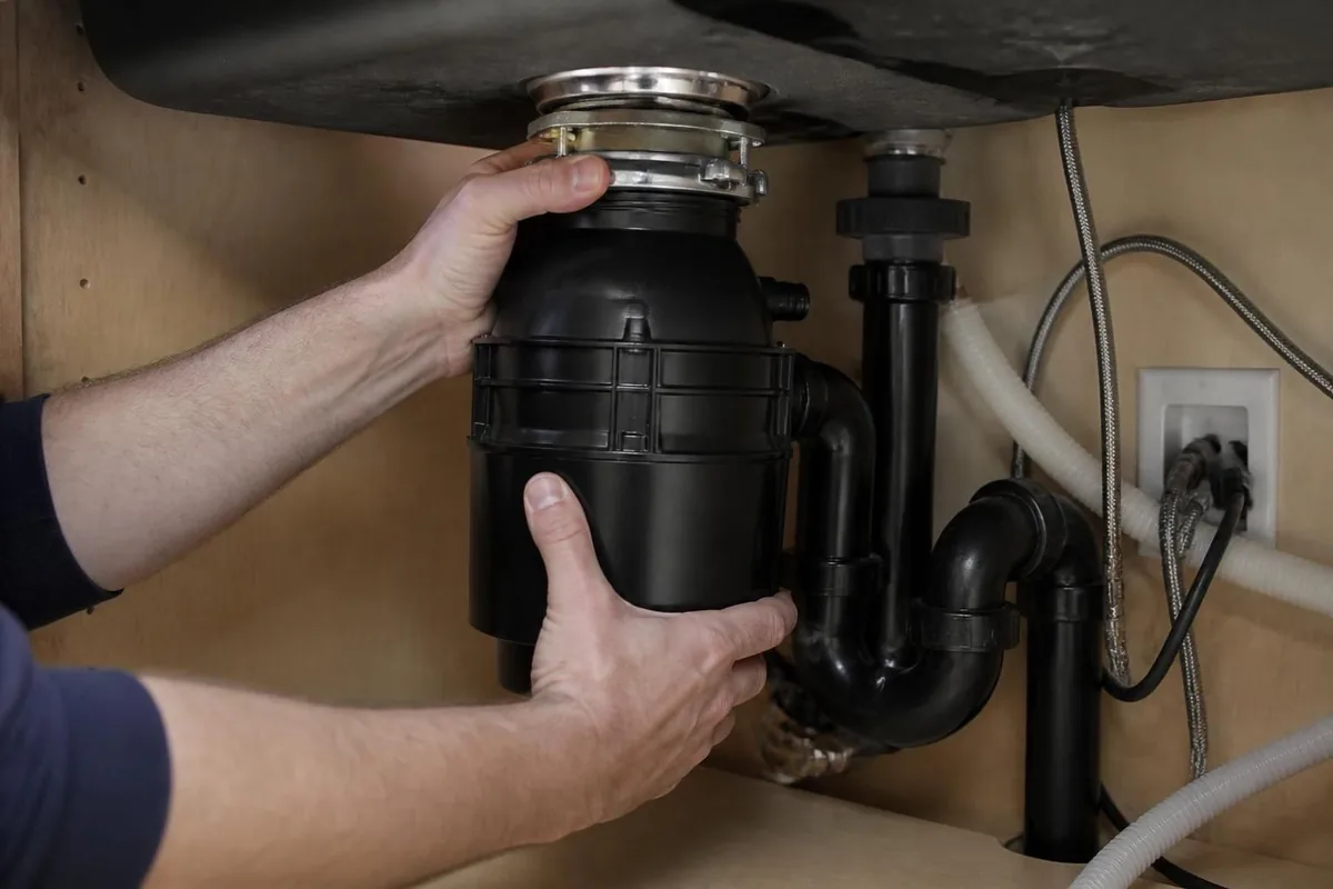 Plumber mounting a new garbage disposal under a kitchen sink, garbage disposals in Atlanta, GA