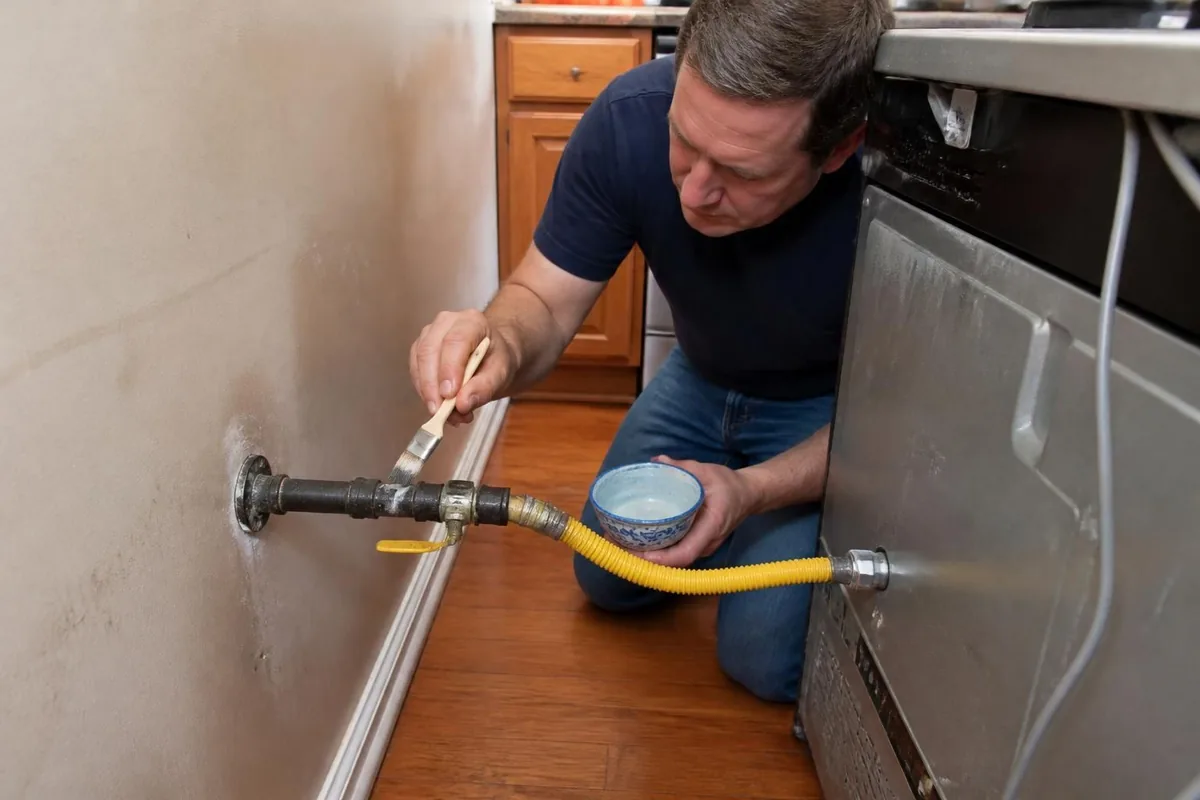 Plumber leak-testing a black iron gas fitting behind a range, gas line services in Atlanta, GA