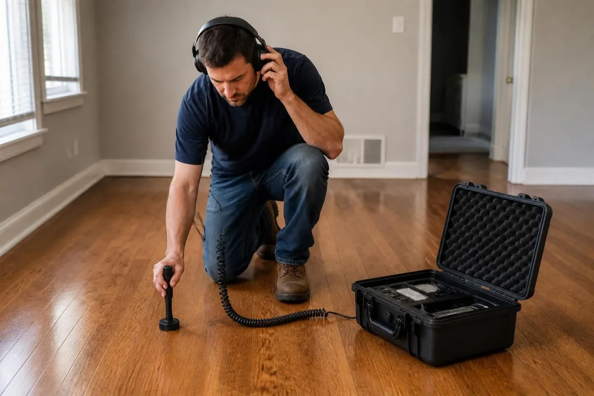 Technician using an acoustic listening device on a hardwood floor, leak detection in Atlanta, GA