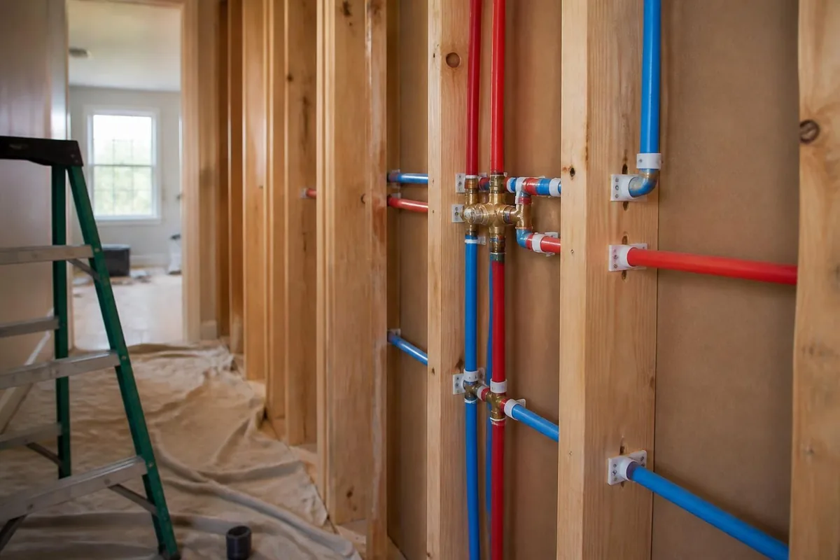 New PEX supply lines run through open wall studs, repiping in Atlanta, GA
