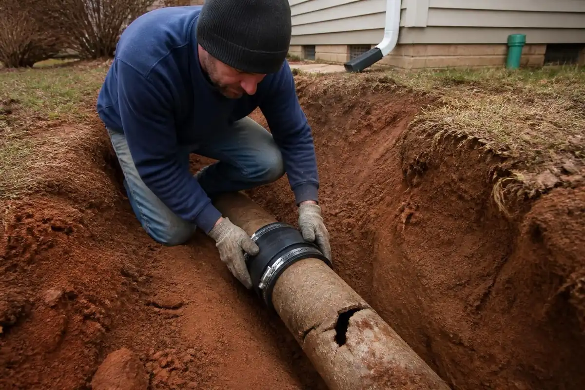 Worker fitting a coupling on a cracked clay sewer pipe in a red clay trench, sewer line repair in Atlanta, GA
