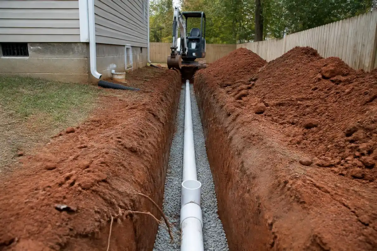 New PVC sewer pipe bedded in a backyard trench, sewer line replacement in Atlanta, GA