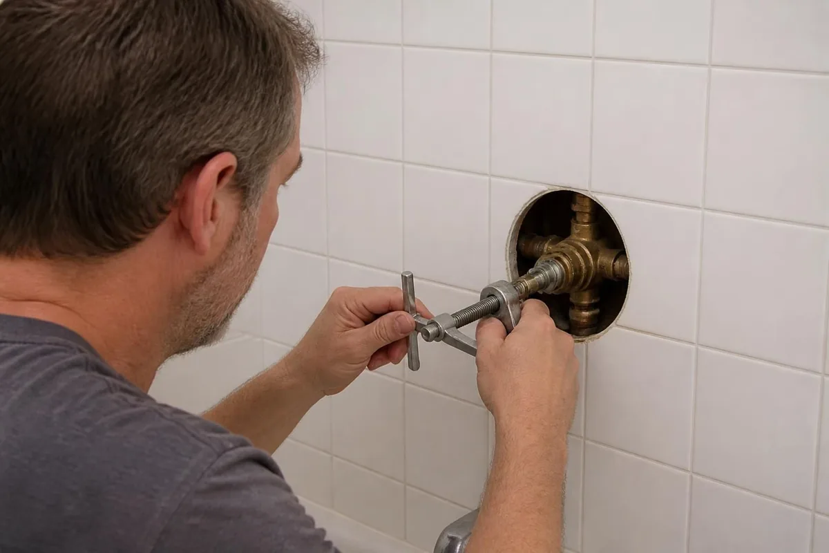 Plumber pulling the stem from a shower valve, shower valve repair in Atlanta, GA