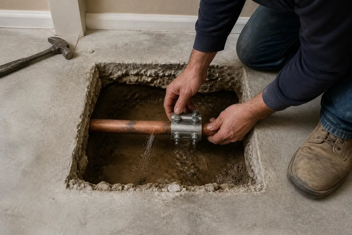 Copper water line exposed through a cut in a concrete slab, slab leak repair in Atlanta, GA