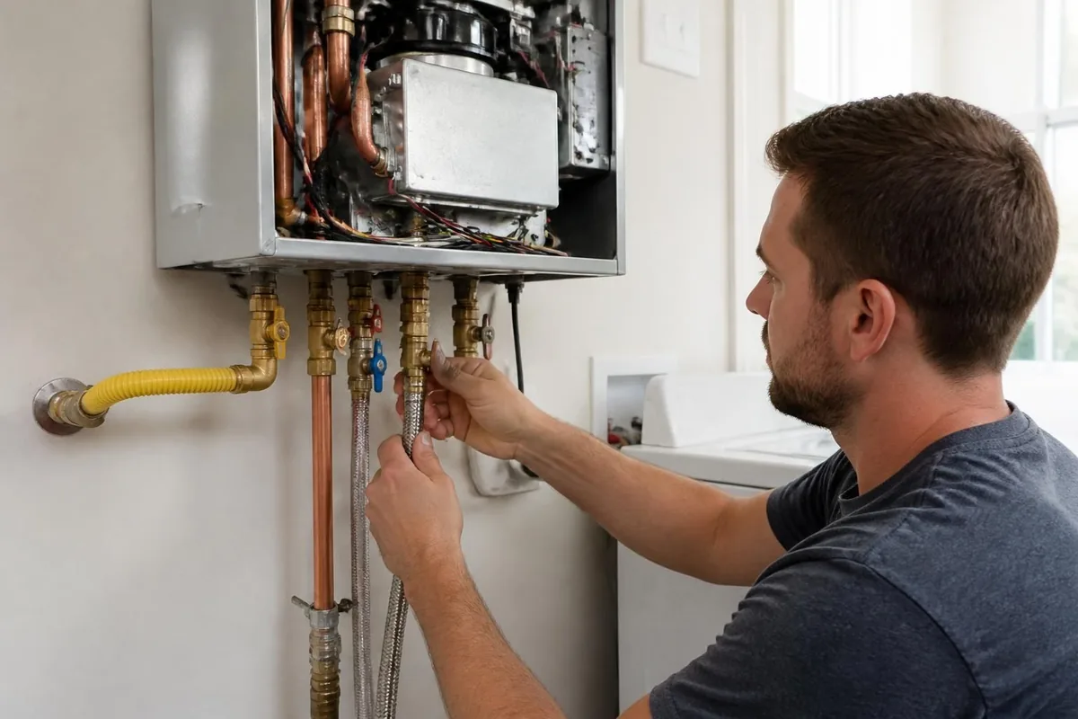 Plumber connecting gas and water lines under a wall-mounted tankless water heater, tankless water heaters in Atlanta, GA