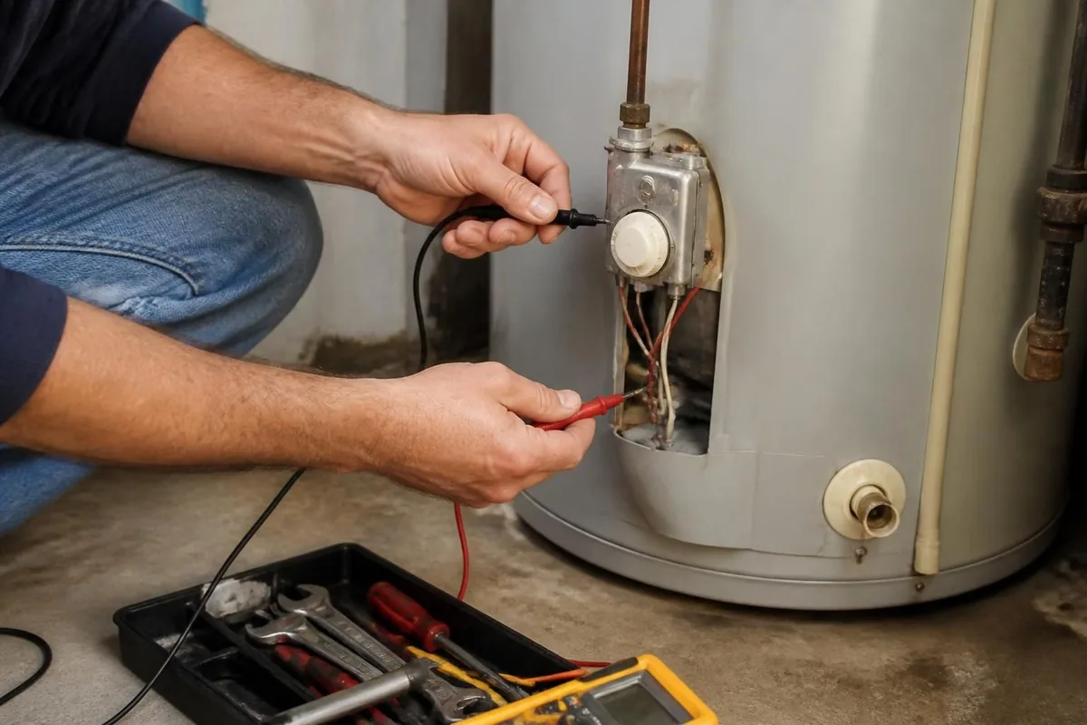 Plumber testing the gas control valve on a tank water heater, water heater repair in Atlanta, GA