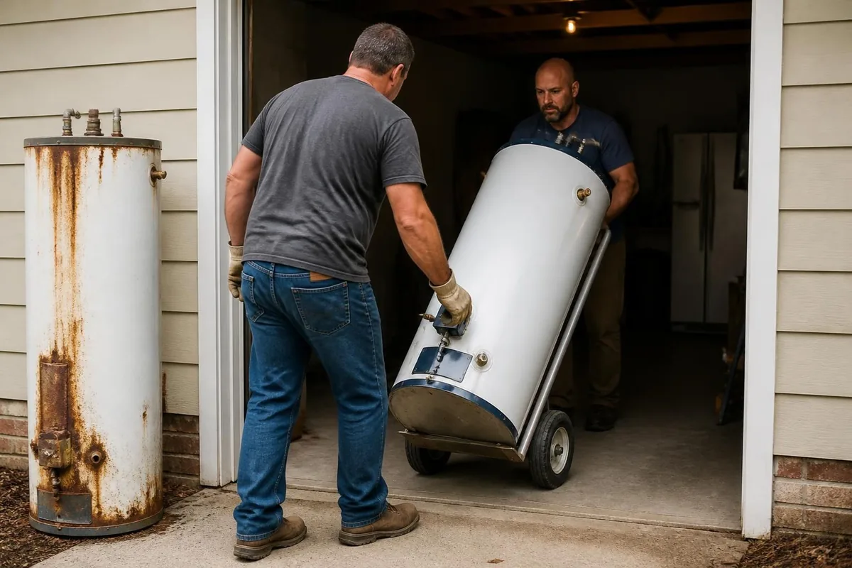 Workers moving a new tank water heater into a garage, water heater replacement in Atlanta, GA