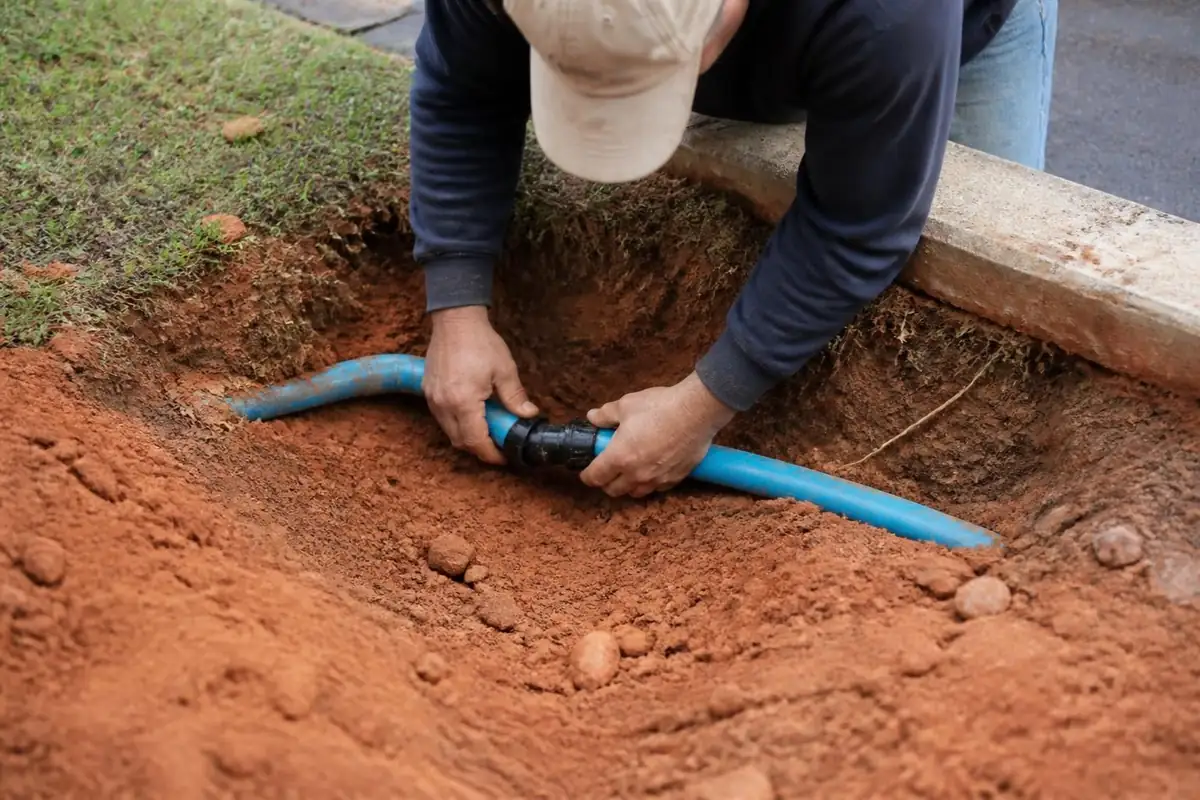 Worker repairing a blue water service line near the curb, water line repair in Atlanta, GA